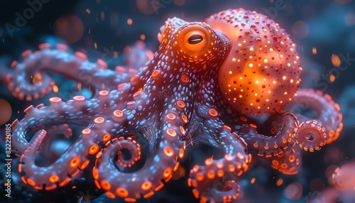 Close-up of a vibrant bioluminescent octopus in an underwater setting, showcasing its stunning colors and intricate patterns.
