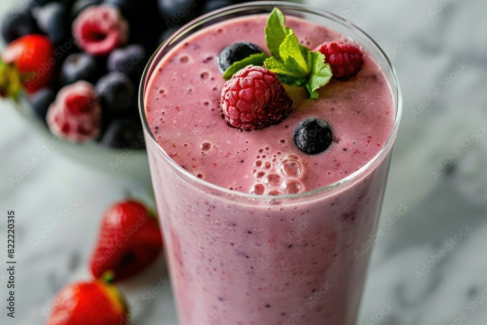 Photograph a close-up of a berry smoothie in a tall glass, garnished with a few fresh berries on top. Include a bowl of mixed berries nearby