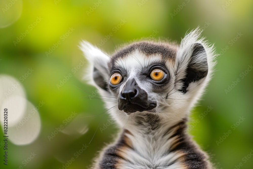 Obraz premium A cute ring-tailed lemur with big eyes, looking at the camera, isolated against a blurred background, in the forest. Soft sunlight. Close-up portrait.