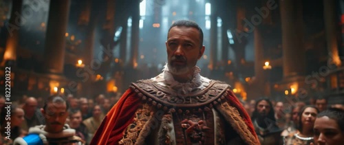 Regal medieval king in ornate armor and flowing red cape standing before gathered court in torch-lit grand hall. Majestic ruler with crown and chainmail amid noble assembly. AI-generated anamorphic 4K