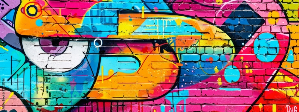 A vibrant, street art background with bold graffiti and urban elements.