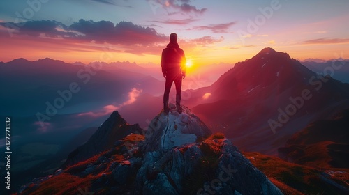 Man standing on top of mountain at sunrise, wide angle lens