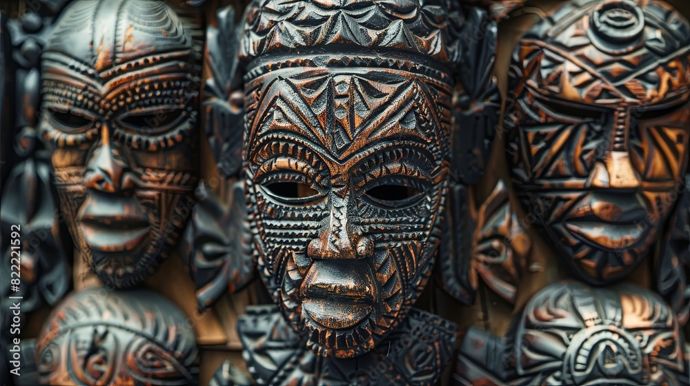 Intricately carved African mask on textured surface representing cultural and mythological symbolism. Intricately carved African mask on textured surface representing cultural and mythological symbolism.