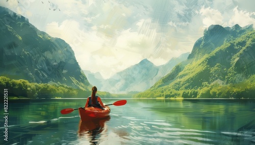 A woman in a kayak on a calm river between green mountains, back view photo