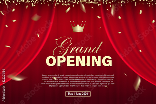 Grand Opening banner with curtain elements and dark red background.