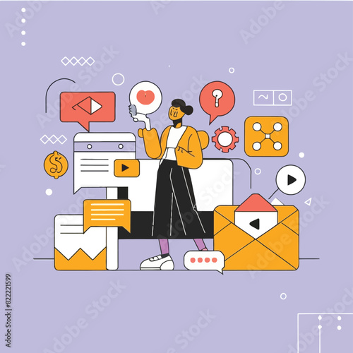 2d vector illustration colorful social media boost , influence blogger E-marketer via Internet pages marketing referral

