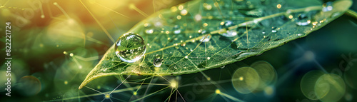 Global Business Network Concept: Water Drop Reflecting Integration of Natural Elements with International Corporate Connections   Photo Realistic Image of Water Drop on Leaf Reflec photo