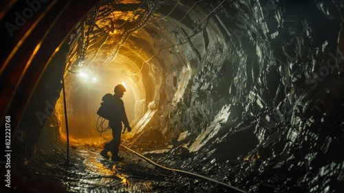 The photo shows a miner walking in a dark mine.