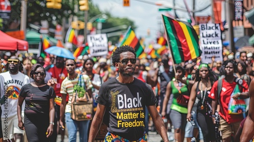 Diverse African Americans march for freedom and equality in Juneteenth parade. photo