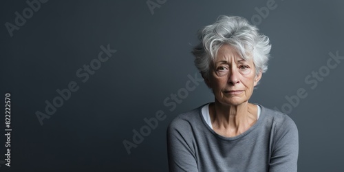 Gray background sad black American independent powerful Woman. Portrait of older mid-aged person beautiful bad mood expression girl Isolated 