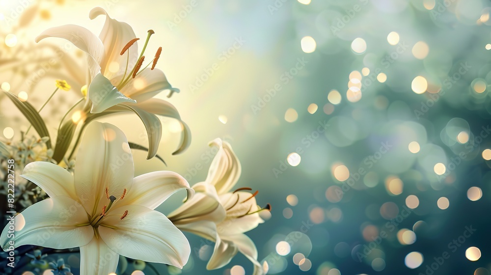 white lily flower spring enchanted garden flower and fairy lights bokeh border with copy space white lily flower spring enchanted garden flower and fairy lights bokeh border with copy space