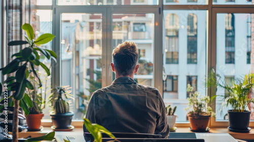 A man is sitting at a desk with a view of the city