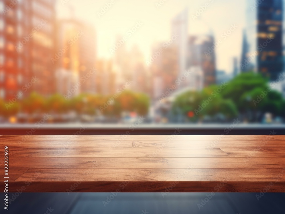 Table Top And Blur Building Of The Background. Business Concept with Wood Floor Table Top And Blur Building Of The Background. Business Concept with Wood Floor
