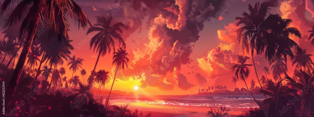 A vibrant, tropical sunset background with palm trees and warm colors. A vibrant, tropical sunset background with palm trees and warm colors.