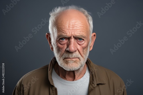 Gray background sad european white man grandfather realistic person portrait older person beautiful bad mood old man Isolated on Background ethnic