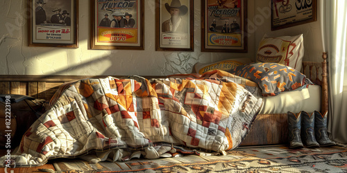 Cowboy Room Escape: A cozy hideout with a bed covered in western-inspired quilts, framed posters of rodeo champions, and a pair of boots neatly lined up next to the bedpost
