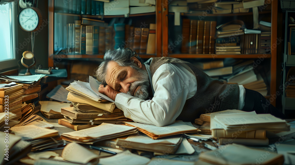 Creative Concept: A writer napping on a stack of manuscripts at a cluttered desk depicting the dedication and long hours of the writing process Photo Realistic Creative Concept: A writer napping on a stack of manuscripts at a cluttered desk depicting the dedication and long hours of the writing process Photo Realistic