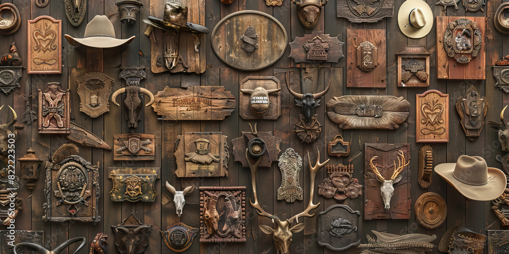 Western Wall Decor: A rustic wall covered in wooden plaques, mounted antlers, and cowboy hats, evoking a classic Wild West feel.