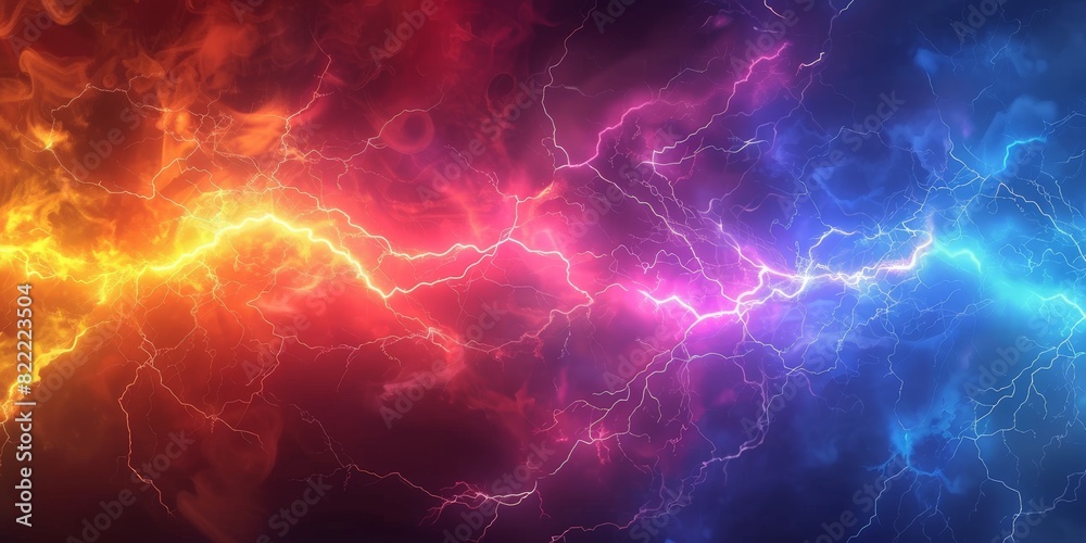 Colorful lightning background,  red yellow blue purple lightning effects, colorful thunderstorm, Rainbow lightning effect. electric texture, banner