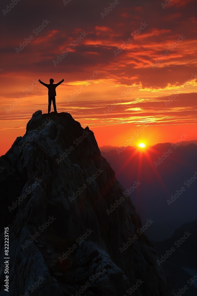 A man cheering for national independence at the top of a mountain where the sunrise rises
