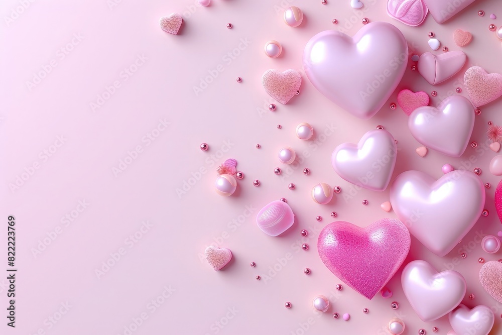 3d rendering of pink and pastel hearts with small candies on light background for valentine's day decoration. Love concept.
