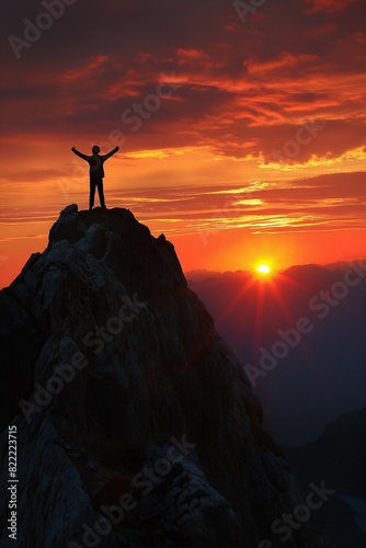 A man cheering for national independence at the top of a mountain where the sunrise rises