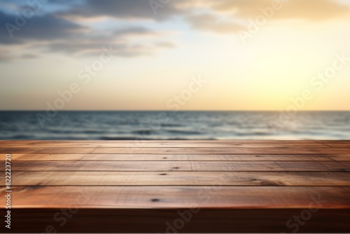 Wooden table on the background of the sea and the sky.