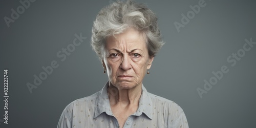 Gray background sad European white Woman grandmother realistic person portrait of young beautiful bad mood expression Woman Isolated Background