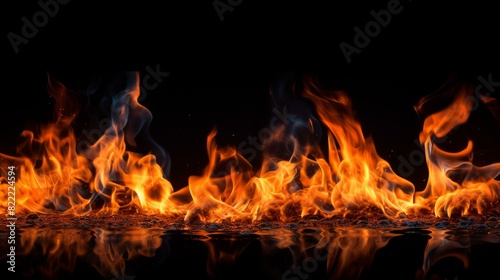 Fire flames on black background, Burning red hot sparks rise, Fiery orange glowing particles