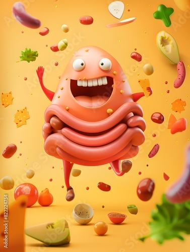 Cheerful Stomach Organ Surrounded by Playful Food Items