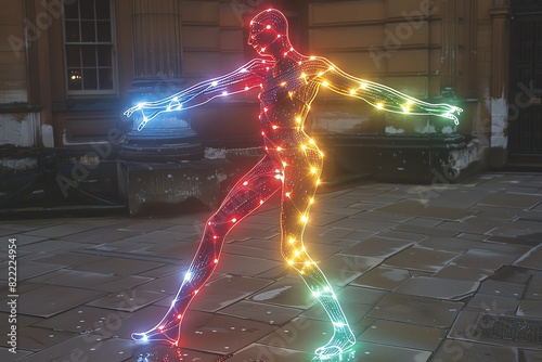 Colorful illuminated mannequin with LED lights in an outdoor courtyard, creating a vibrant night scene. photo