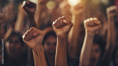 Illustration of multi-ethnic fists raised in protest, symbolizing social unrest. photo
