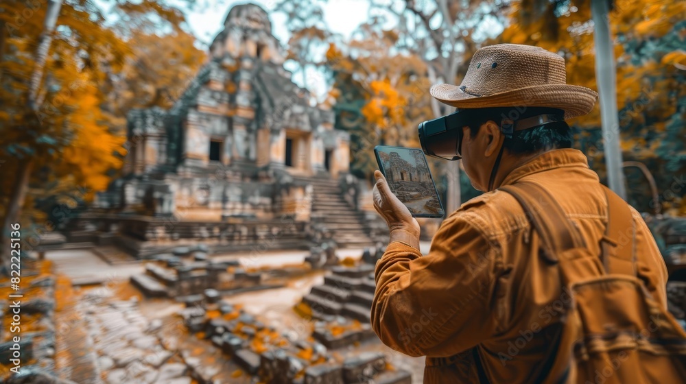 A tourist exploring a historical site with augmented reality guides and information, A tourist exploring a historical site with augmented reality guides and information,