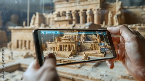 A tourist exploring a historical site with augmented reality guides and information,