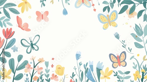 cute spring flower frame cute cartoonish page print border design, with blank empty space for mock up message background