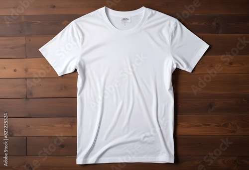 A plain white t-shirt on a wooden background
