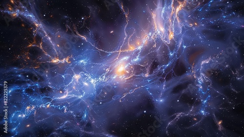 A vast cosmic scene showing dark matter as a weblike structure binding galaxies, photo