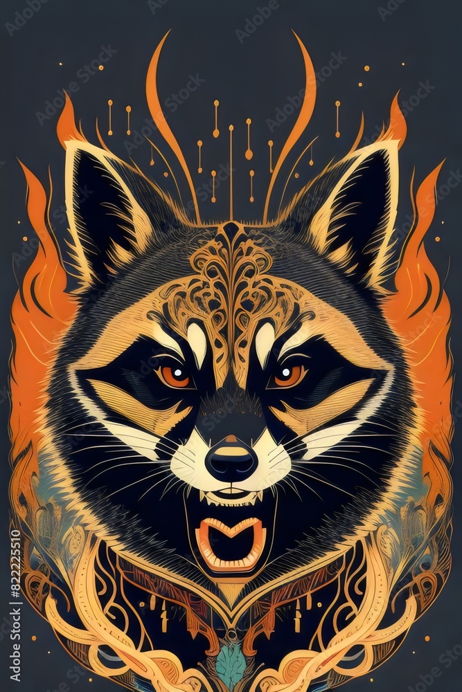 illustration, cartoon, t-shirt design, angry raccoon, rabid, vector style, showing teeth, mascot, vibrant colors, fur, Fierce, Menacing, Aggressive, Stripes, Claws, Wild, Animal, Character, Bold illustration, cartoon, t-shirt design, angry raccoon, rabid, vector style, showing teeth, mascot, vibrant colors, fur, Fierce, Menacing, Aggressive, Stripes, Claws, Wild, Animal, Character, Bold