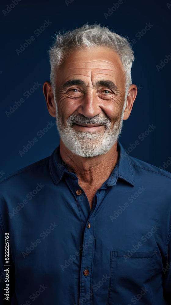 Indigo background Happy european white man grandfather realistic person portrait of young beautiful Smiling old man Isolated on Background Banner 