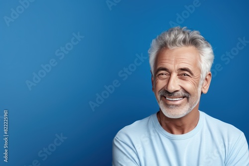 Indigo background Happy european white man grandfather realistic person portrait of young beautiful Smiling old man Isolated on Background Banner 