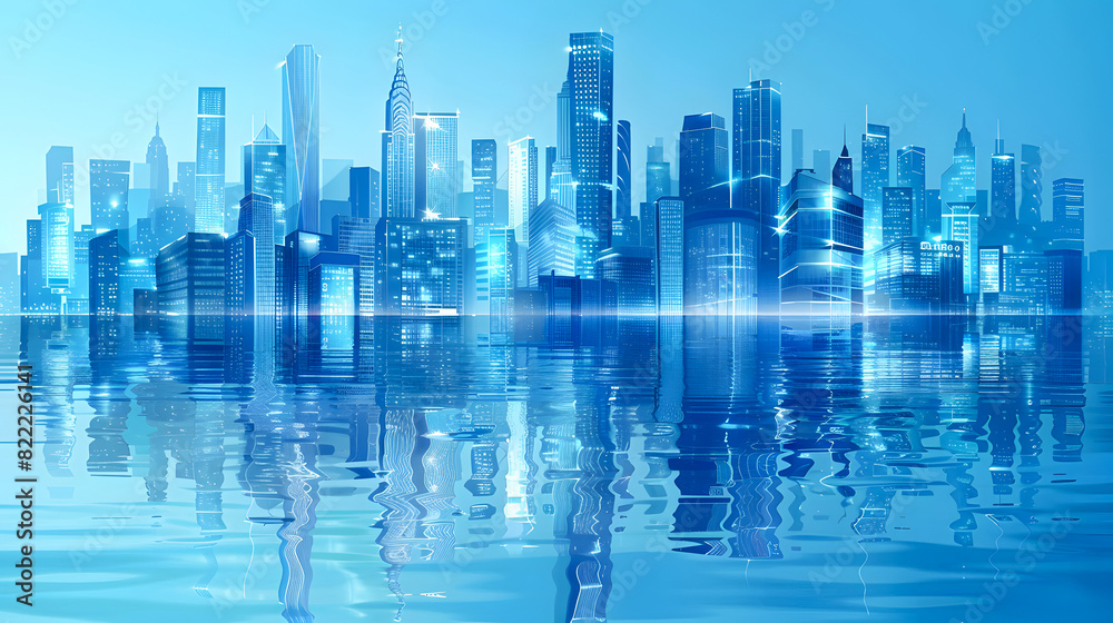 Skyscrapers of a smart city, futuristic financial district, graphic perspective of buildings and reflections on water background for corporate and business brochure template Skyscrapers of a smart city, futuristic financial district, graphic perspective of buildings and reflections on water background for corporate and business brochure template