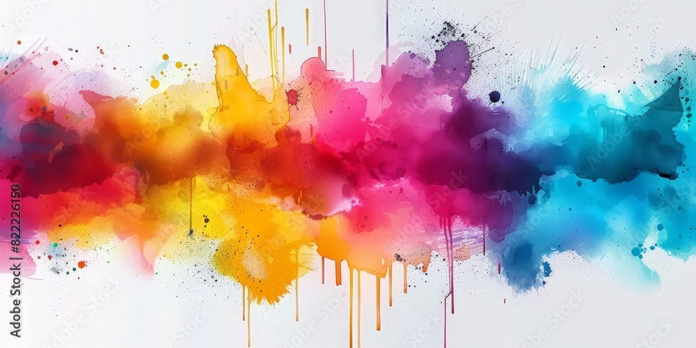 Fototapeta premium Colorful watercolor splash paint background, colorful splashes and paint drips on a white background, watercolor stain with paint splatter, banner,abstract color ink explosion