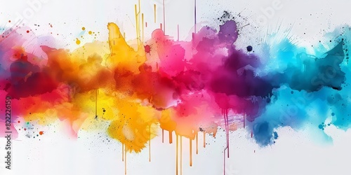 Colorful watercolor splash paint background, colorful splashes and paint drips on a white background, watercolor stain with paint splatter, banner,abstract color ink explosion photo