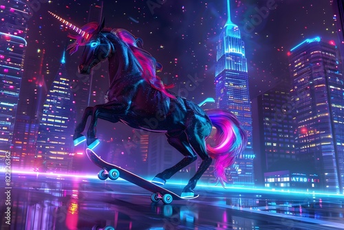 Futuristic Unicorn Skateboarding Through Neon Lit City with Holographic Skyscrapers
