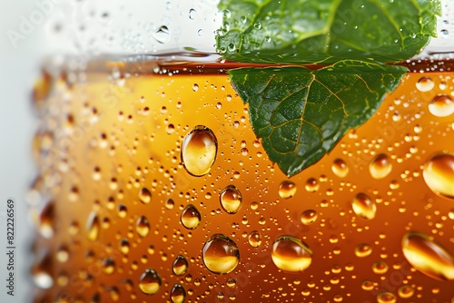 Close up of a refreshing iced tea with mint leaves and condensation