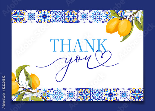 Lemon Blue Tiles Mediterranean Thank You Card.