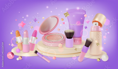 3d New Collection Makeup Cosmetic Product Concept Background Cartoon Design Style. Vector illustration of Lipstick, Mist, Foundation, Powder and Brush