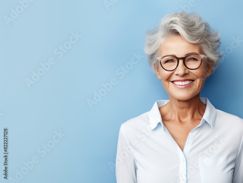 Indigo background Happy european white Woman grandmother realistic person portrait of young beautiful Smiling Woman Isolated on Background Banner 