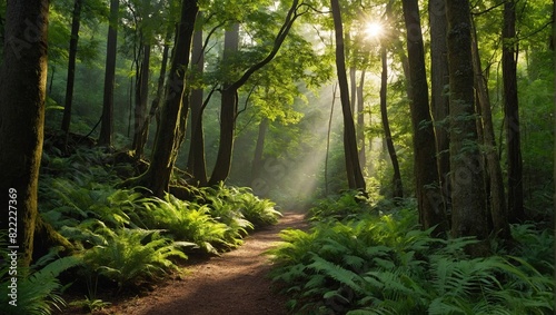 This is a picture of a lush green forest with a dirt path running through it. The trees are tall and majestic, and the sunlight is shining through the trees. There is a variety of green plants and fer