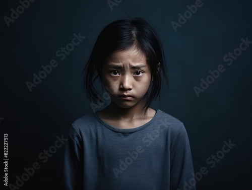 Indigo background sad Asian child Portrait of young beautiful in a bad mood child Isolated on Background, depression anxiety fear burn out health 